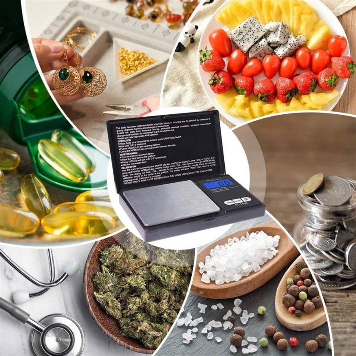 Eine Collage verschiedener Artikel wie Waagen, Schmuck, Früchte und Kräuter.