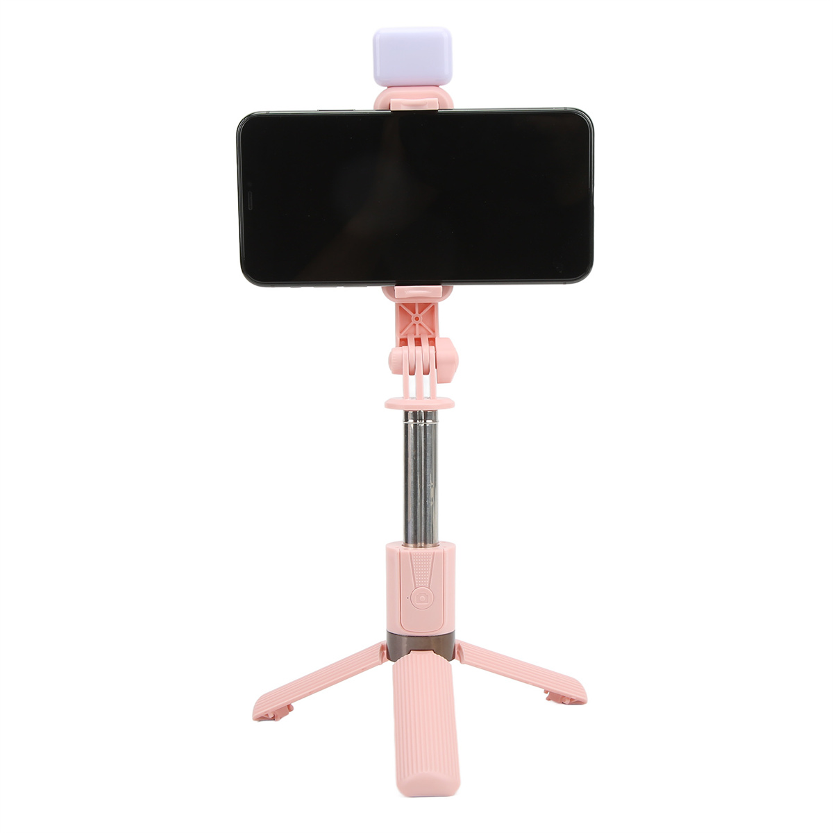 Ein rosa Selfie-Stick mit Telefon und Licht.