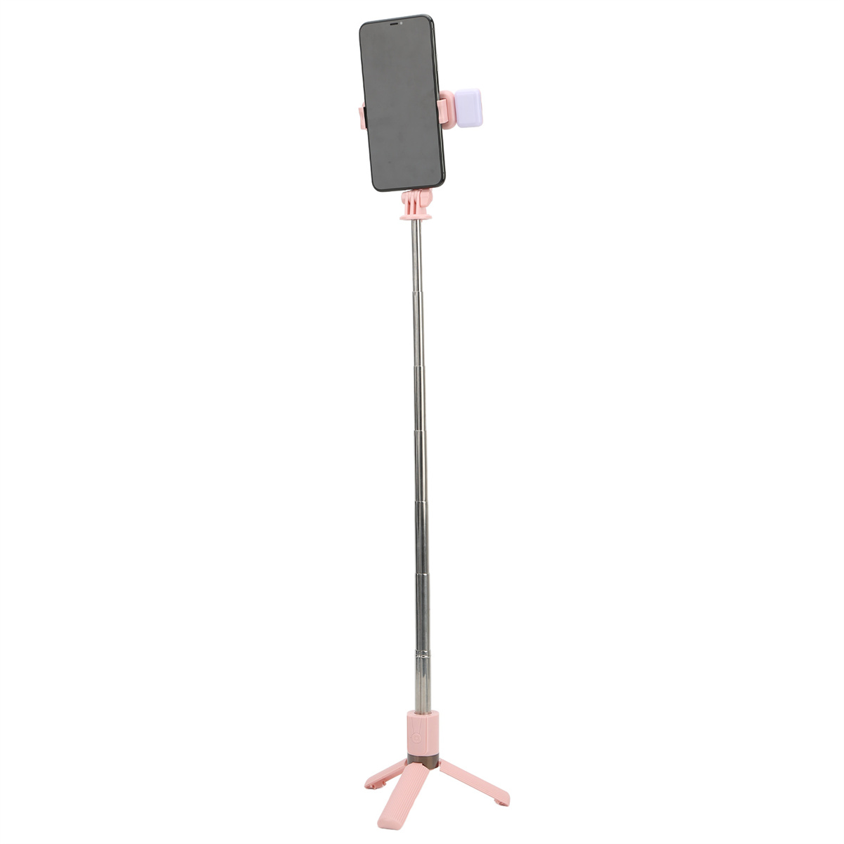Rosa Selfie-Stick mit befestigtem Telefon, auf weißem Hintergrund.