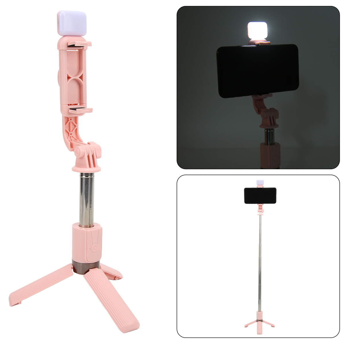 Rosa Selfie-Stick mit Licht und Telefonhalter. Stativbasis, verstellbarer Arm und Licht oben.