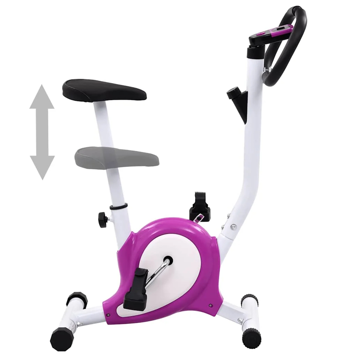 Rosa und weiß stationäres Trainingsfahrrad. Sitz ist verstellbar mit Pfeilen rauf und runter.