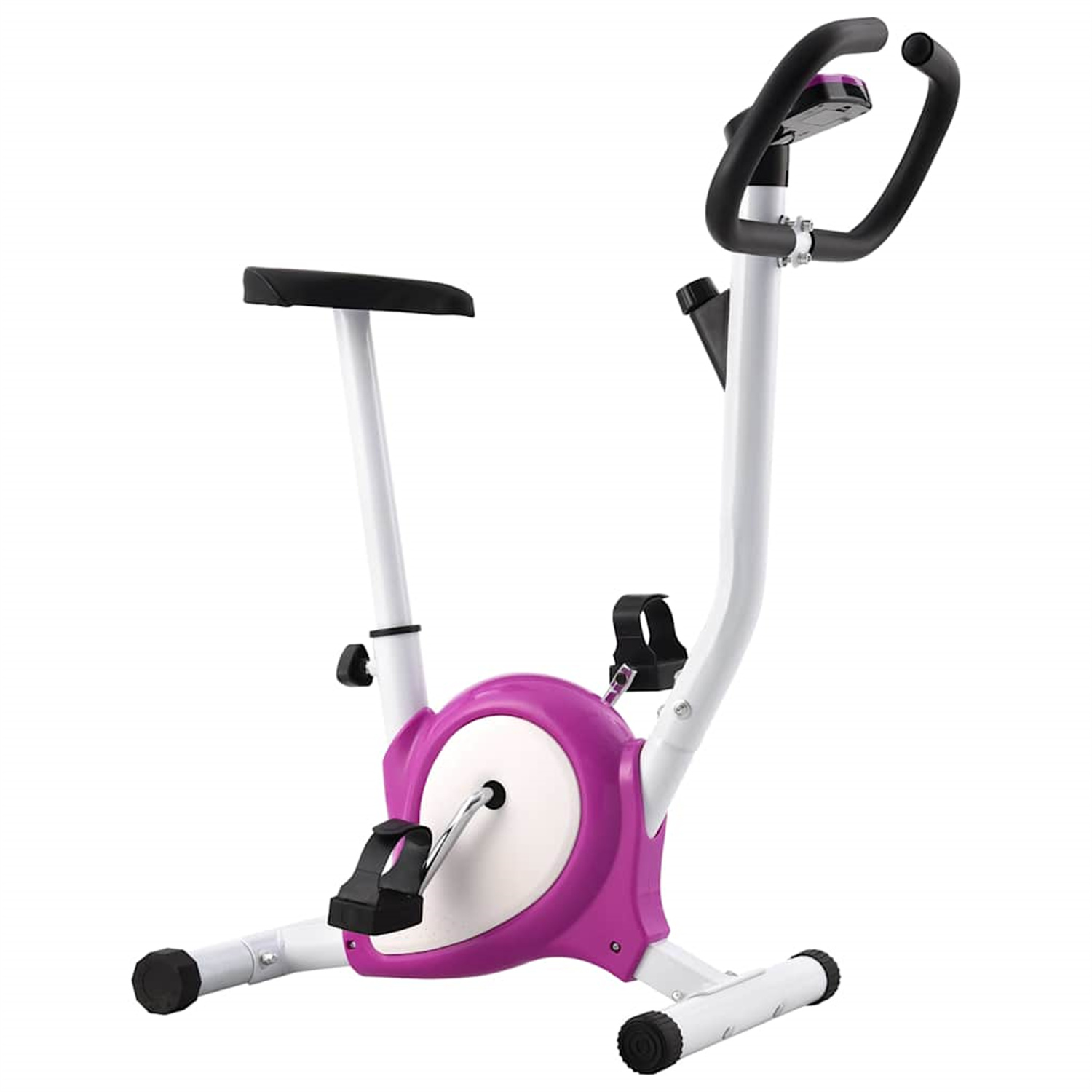 Stationäres Trainingsfahrrad, weiß und lila, auf weißem Hintergrund.
