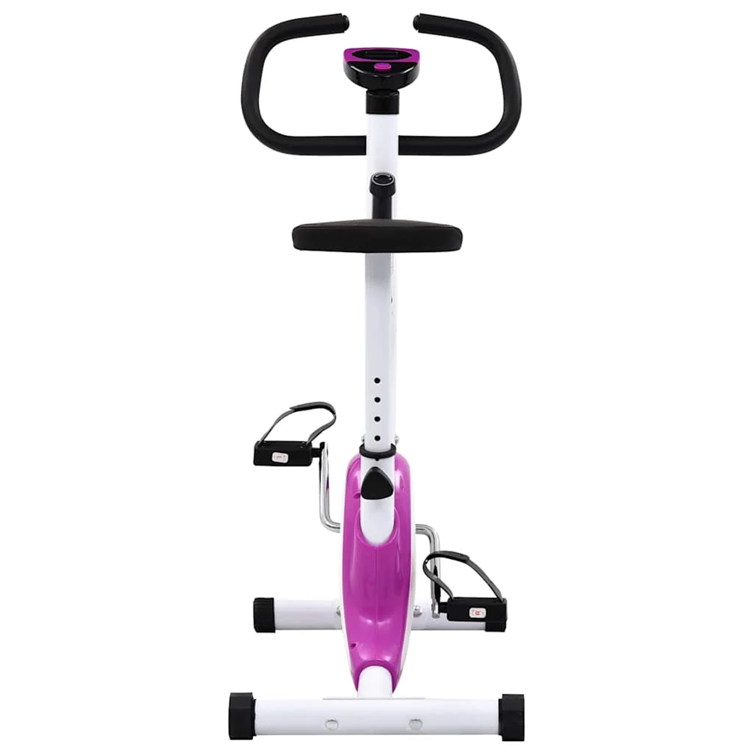 Ein stationäres Trainingsfahrrad, Vorderansicht, mit pinkfarbener Mitte und weißem Rahmen.
