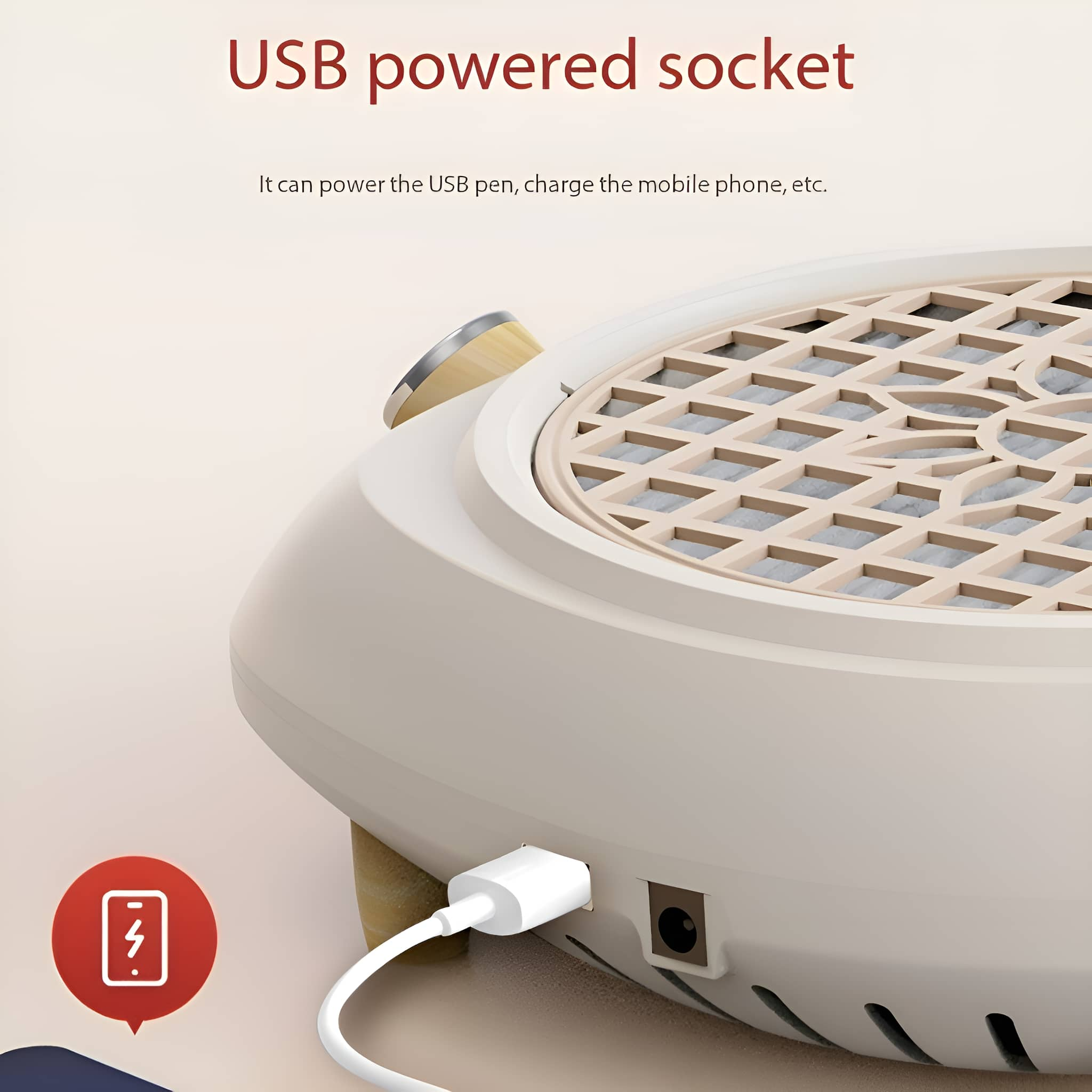 USB-betriebenes Gerät mit USB-Buchse, ein Ladesymbol ist sichtbar.