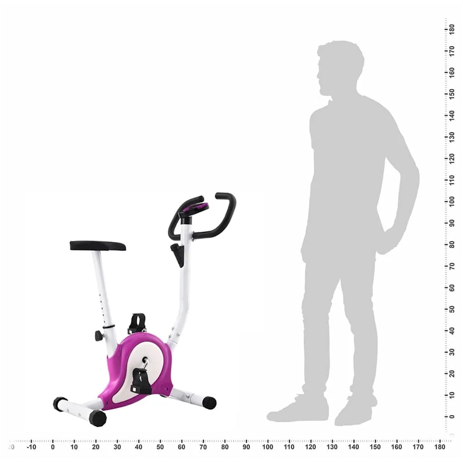 Rosa und weißes Trainingsfahrrad. Silhouette eines Mannes zum Größenvergleich.