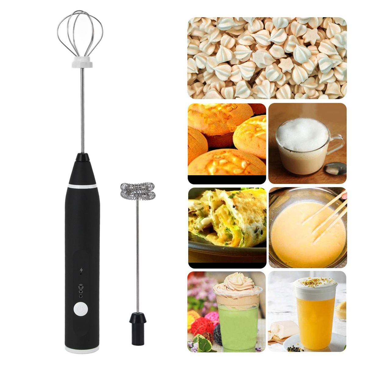 Handmilchaufschäumer und verschiedene Lebensmittel: Baiser, Gebäck, Cappuccino und mehr.
