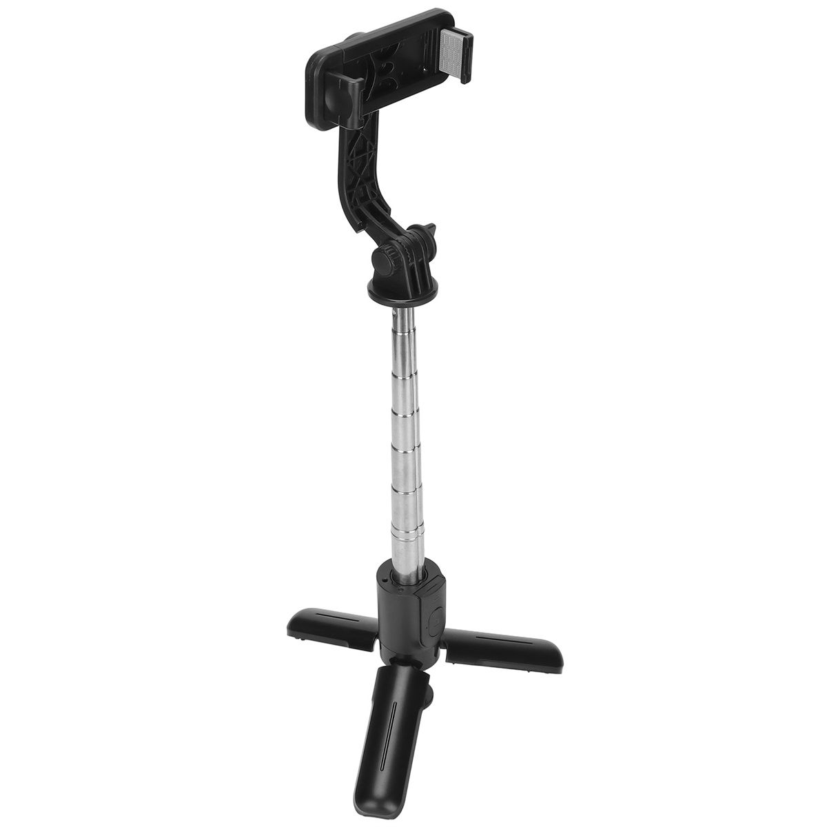 Ein schwarzer Selfie-Stick mit Telefonhalter und Stativfuß. Der Stick ist ausgefahren.