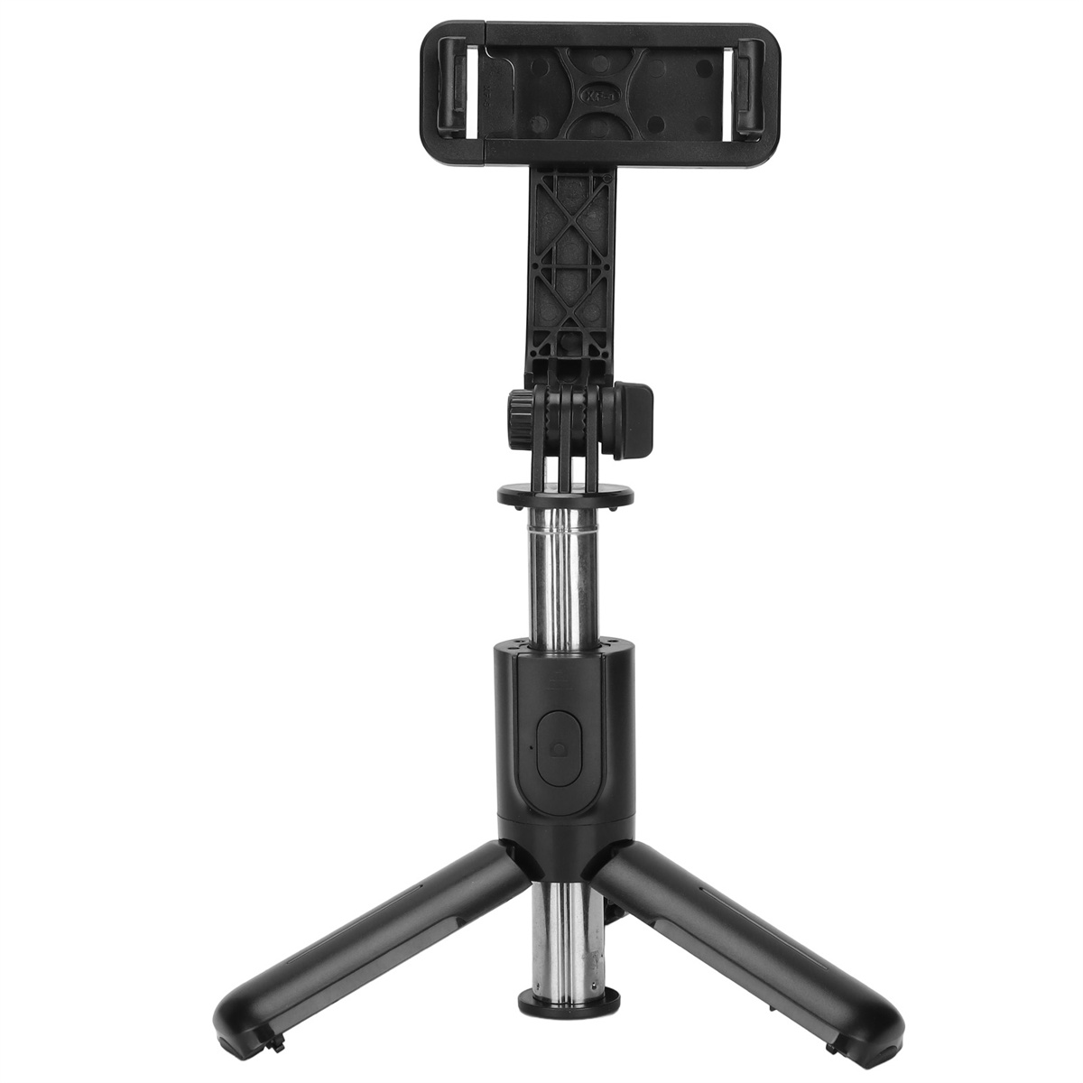 Ein schwarzes Selfie-Stick-Stativ, ausgefahren, mit einer Handyhalterung oben.