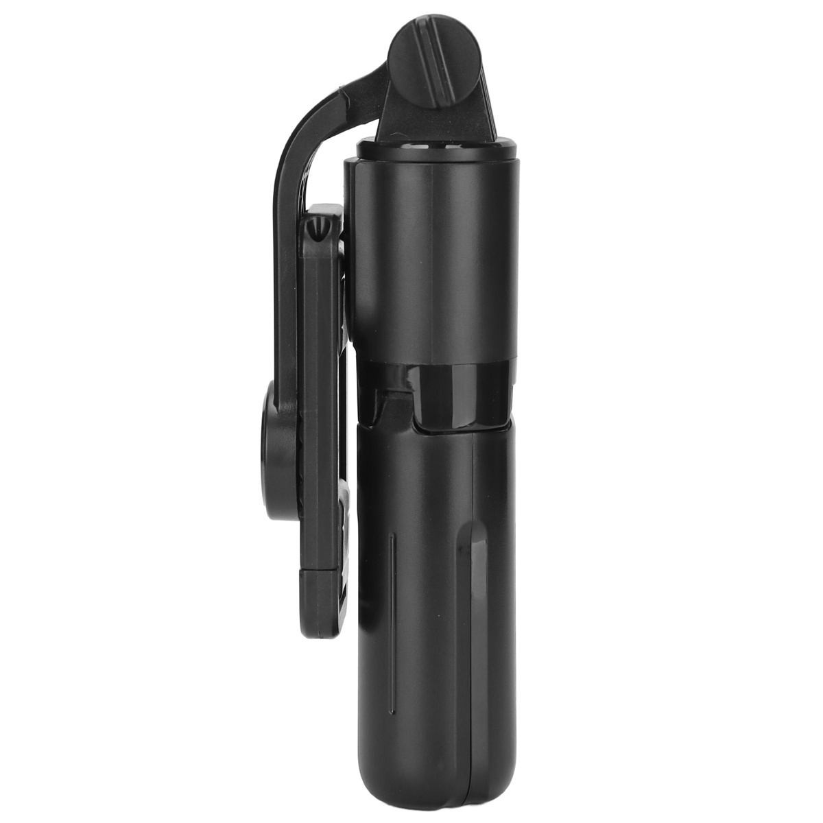 Schwarze Waffenholster mit Gürtelclip und Knopf.