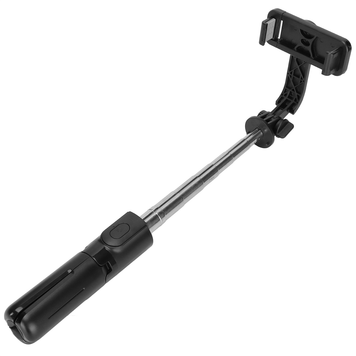 Ausgefahrener schwarzer Selfie-Stick mit Telefonhalterung oben.