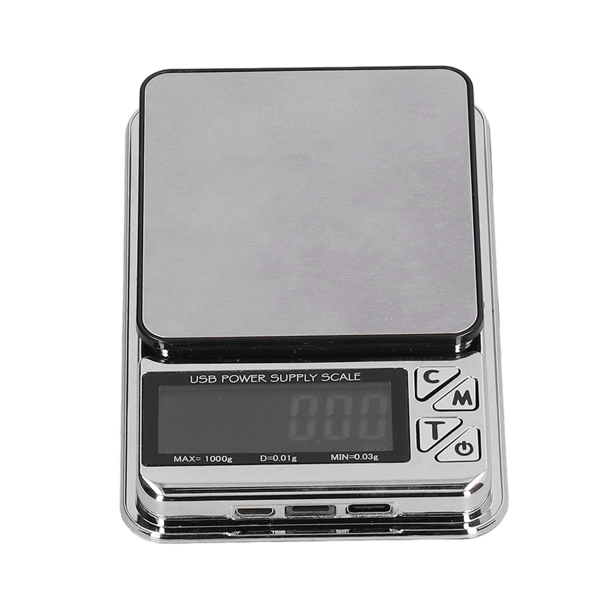 Silberne Digitalwaage mit schwarzem Display. Es hat Knöpfe und liest 'USB POWER SUPPLY SCALE'.