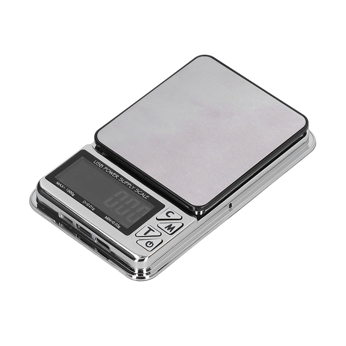 Silberne USB-Stromwaage mit Digitalanzeige, auf weißem Hintergrund.