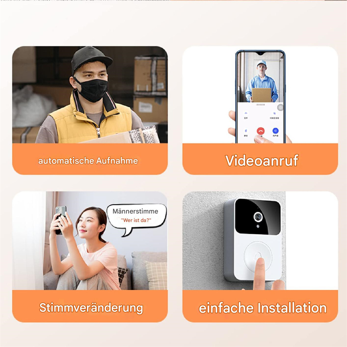 Vier Bilder mit Text: automatische Aufnahme, Videoanruf, Sprachänderung und einfache Installation. Alles in quadratischem Layout.