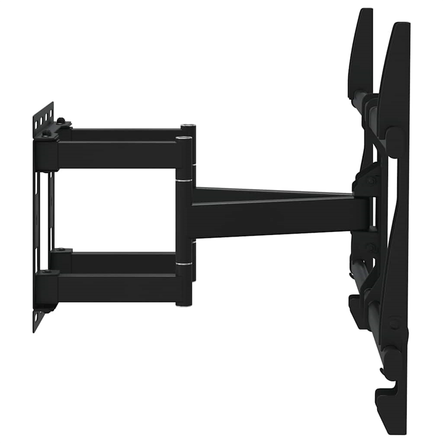 Eine schwarze TV-Wandhalterung. Die Halterung hat zwei Arme und befindet sich auf weißem Hintergrund.