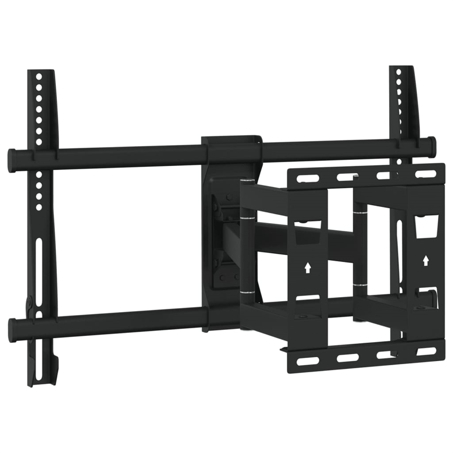 Schwarze TV-Wandhalterung. Es hat mehrere Arme und Halterungen zur Anpassung der TV-Position.