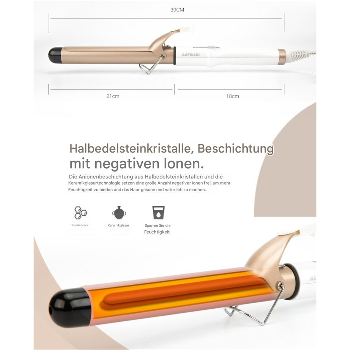 Ein Lockenstab mit markierten Abmessungen. Es ist Gold und Weiß, Text in Deutsch. Der Stab steht auf einem Ständer.