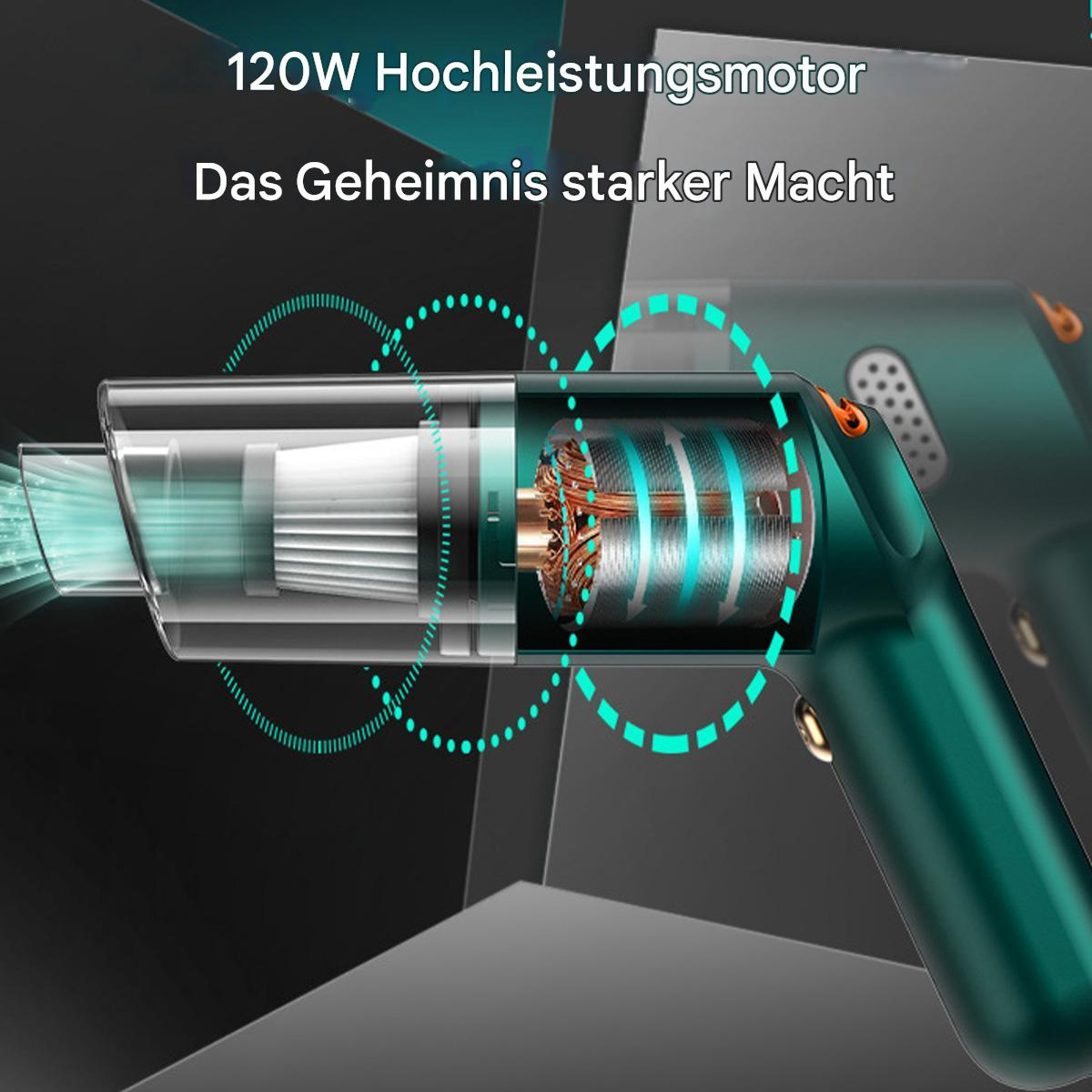 Nahaufnahme eines türkisgrünen Handstaubsaugers. Der Text lautet: 120W Hochleistungsmotor.