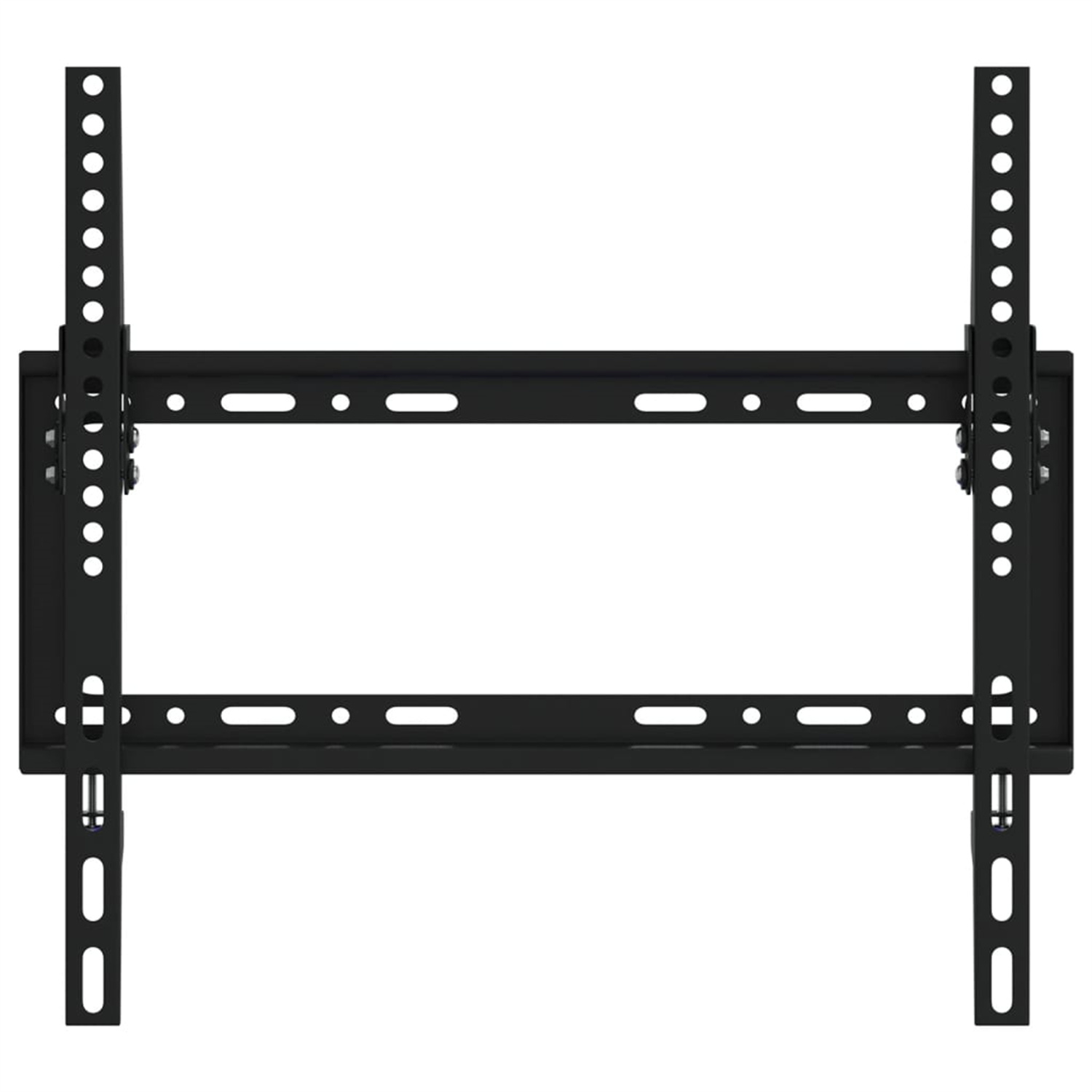 Eine schwarze TV-Wandhalterung mit Befestigungsmaterial vor weißem Hintergrund.