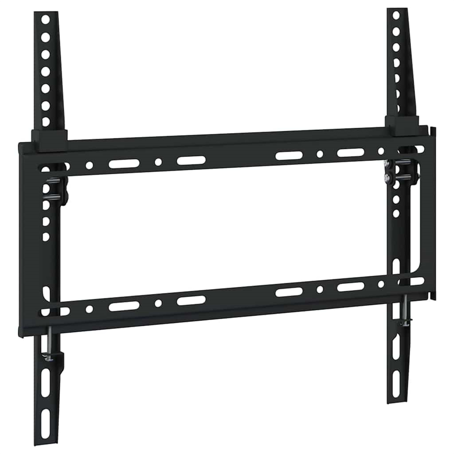 Eine schwarze TV-Wandhalterung. Es ist für einen Flachbildfernseher konzipiert. Löcher und Schienen sind sichtbar.