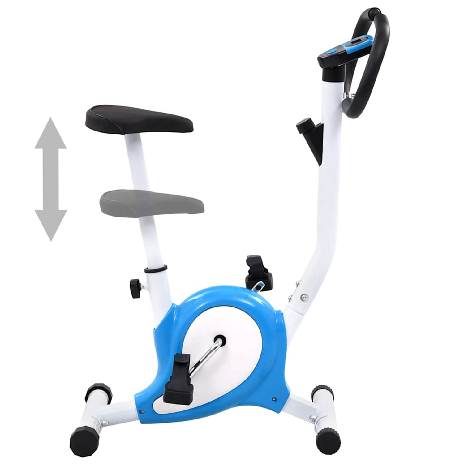 Blau-weißes Heimtrainer mit Pfeil zur Sitzhöhenverstellung.