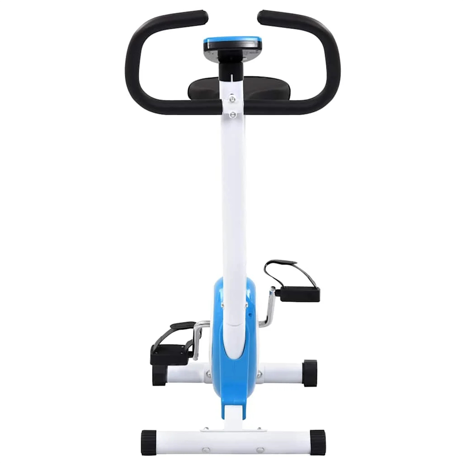 Heimtrainer, blau und weiß, mit schwarzen Griffen, vor weißem Hintergrund.