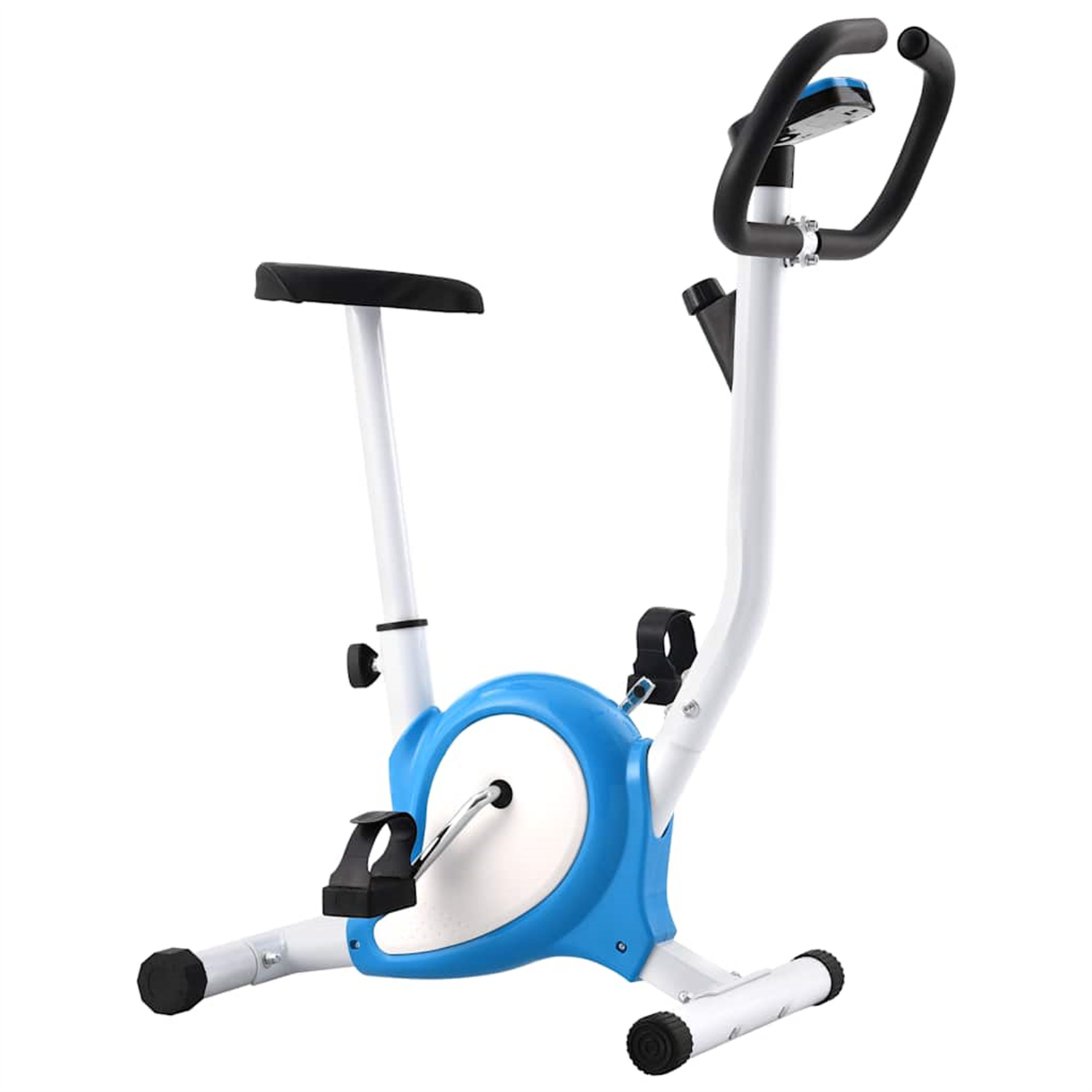 Ein Heimtrainer. Das Fahrrad ist blau, weiß und schwarz. Es hat einen Sitz, Pedale und Lenker.