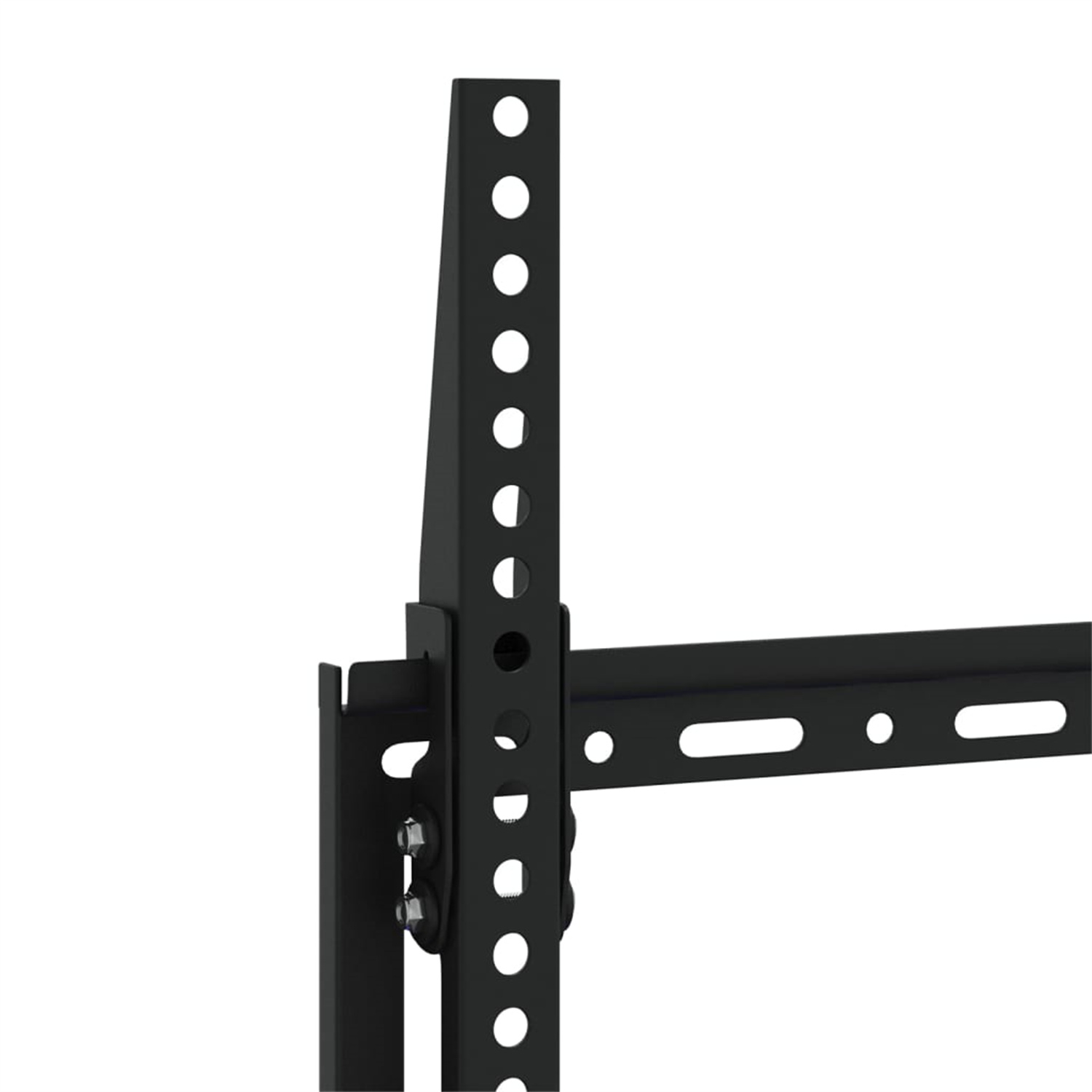 Schwarze TV-Halterung aus Metall. Sie hat Löcher für Schrauben.