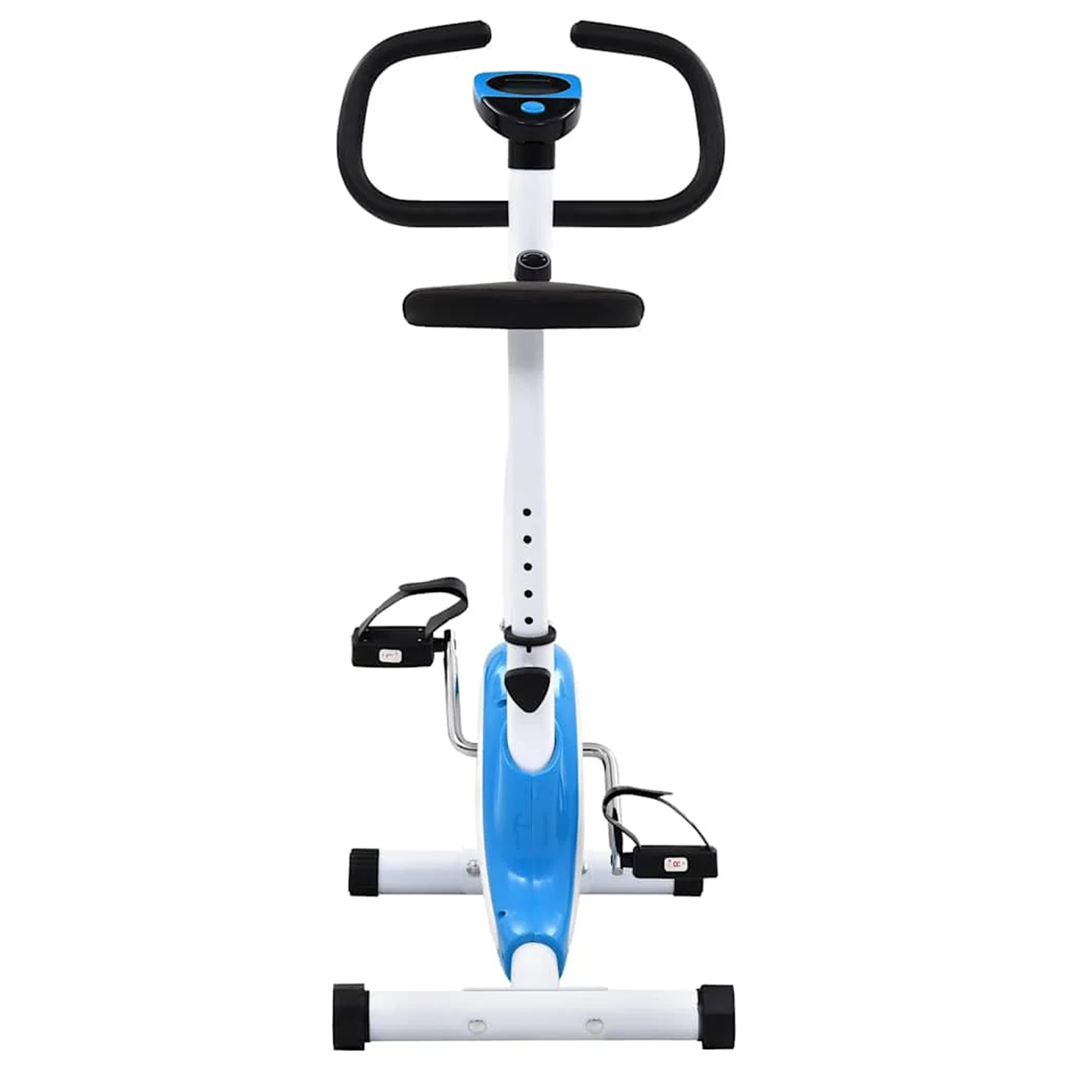 Blaues und weißes Heimtrainer. Schwarze Griffe und Sitz. Weißer Hintergrund.