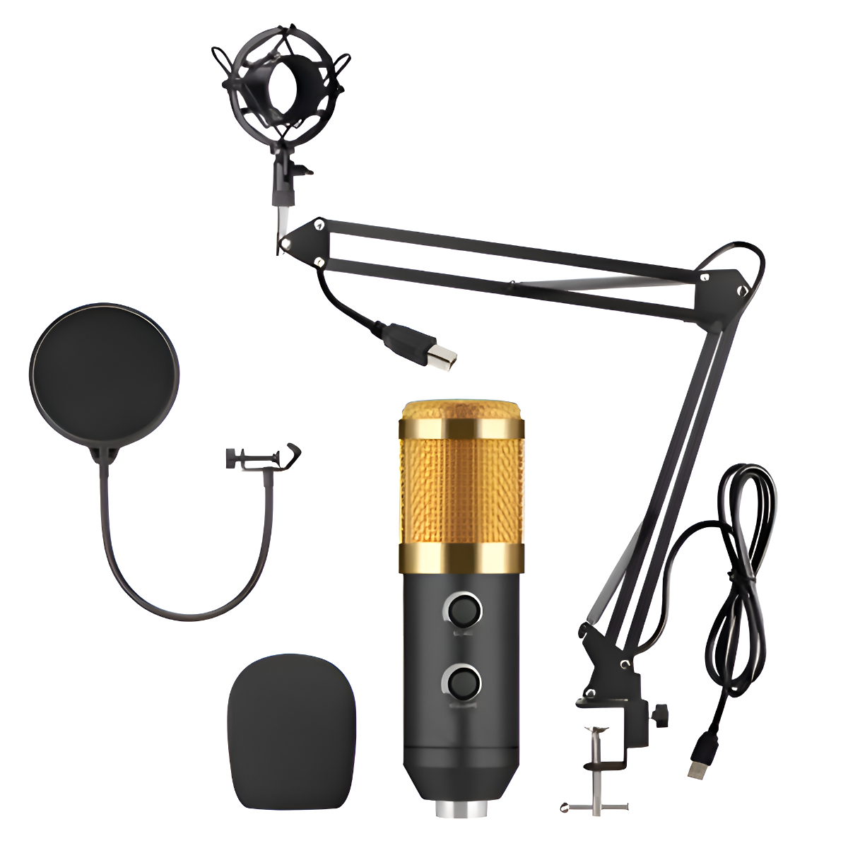 Studio-Mikrofon-Kit mit goldenem Mikrofon, Pop-Filter, Halterung und einem Auslegerarm.