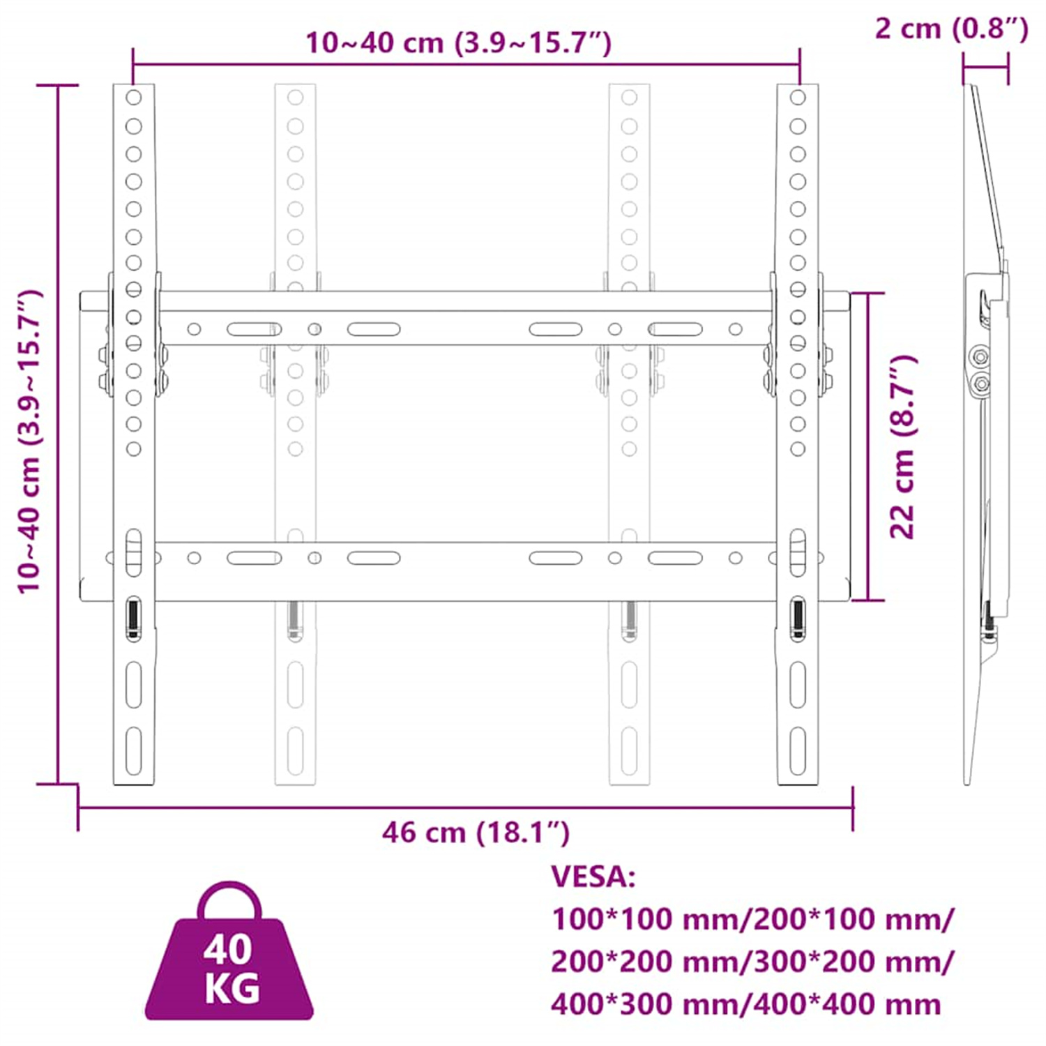 TV-Halterungsdiagramm mit Abmessungen und Tragfähigkeit, weißer Hintergrund.
