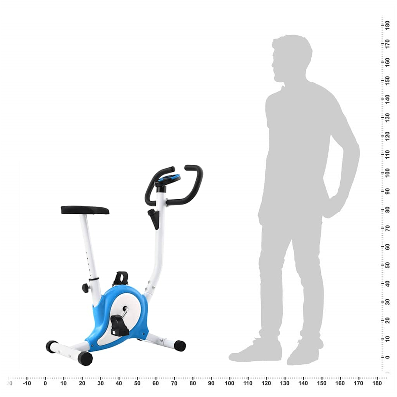 Ein Heimtrainer mit einer Personensilhouette daneben, die die Größe angibt. Das Fahrrad ist blau und weiß.