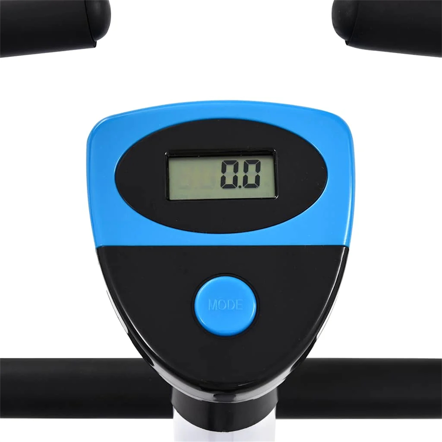 Ein Fitness-Maschinen-Display mit blauem und schwarzem Gehäuse. Der Bildschirm zeigt '0.0'.