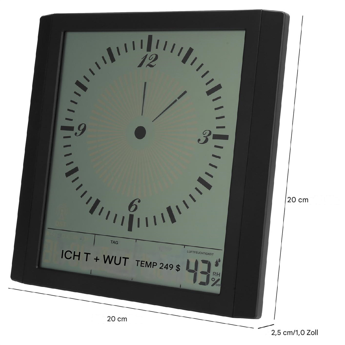 Schwarze Digitaluhr mit Ziffernblatt und Daten. Die Uhr hat einen schwarzen Rahmen und zeigt verschiedene Informationen.