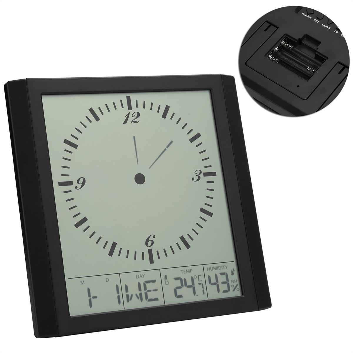Schwarze Digitaluhr mit großem kreisförmigen Zifferblatt und Anzeige von Datum, Temperatur und Luftfeuchtigkeit.