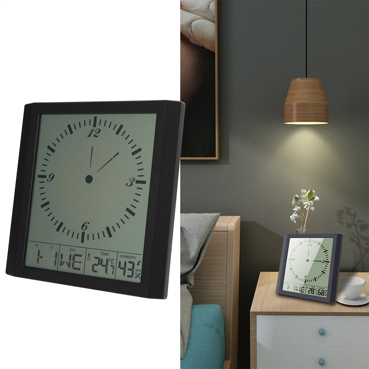 Eine Digitaluhr mit schwarzem Rahmen, die Zeit, Tag, Temperatur und Luftfeuchtigkeit anzeigt.