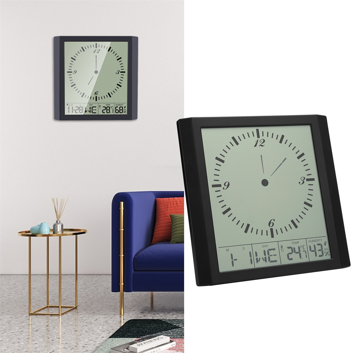 Uhr an der Wand und auf dem Tisch. Die Uhr zeigt die Uhrzeit und das Datum an.
