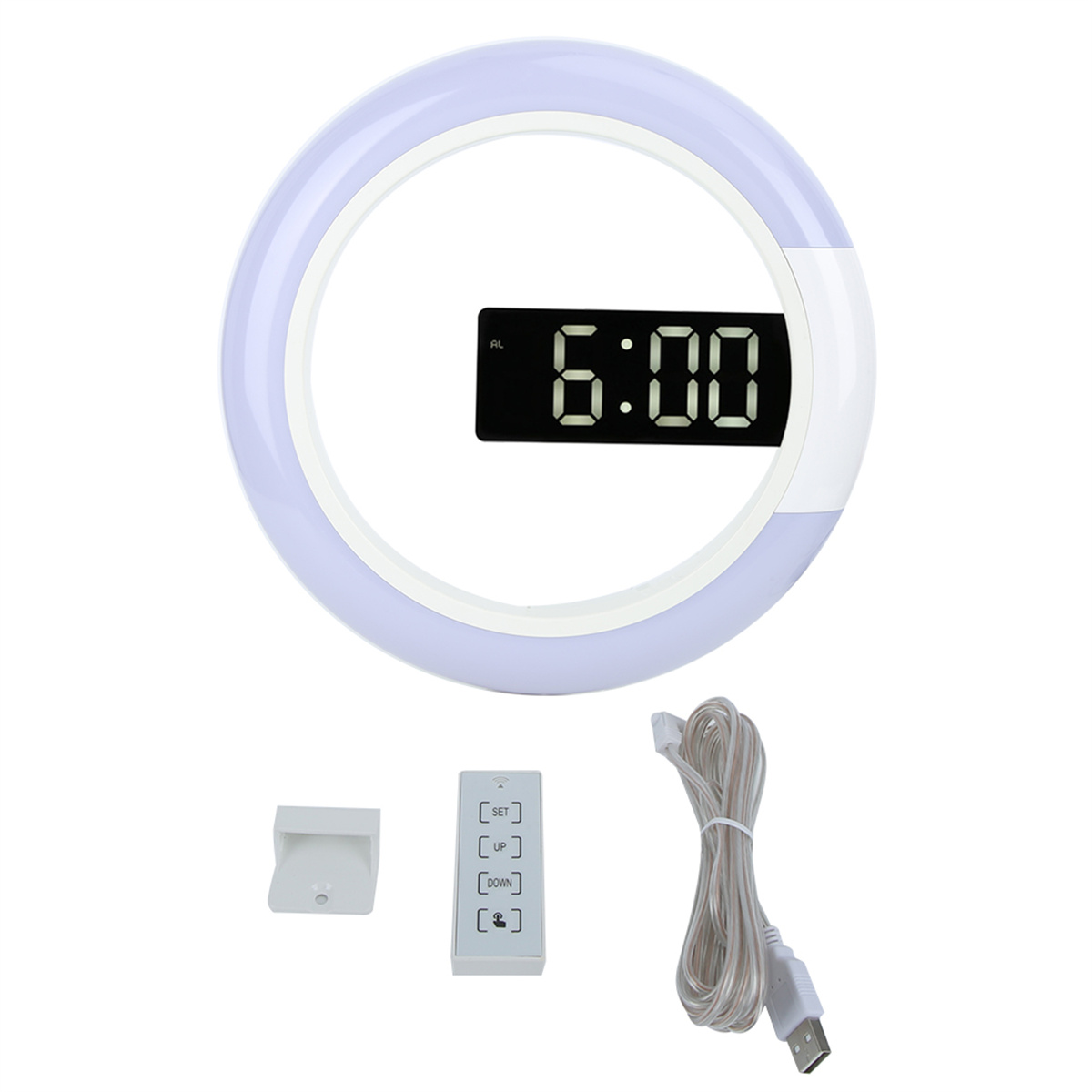 Eine runde weiße Uhr mit digitaler Anzeige, die 6:00 Uhr anzeigt.