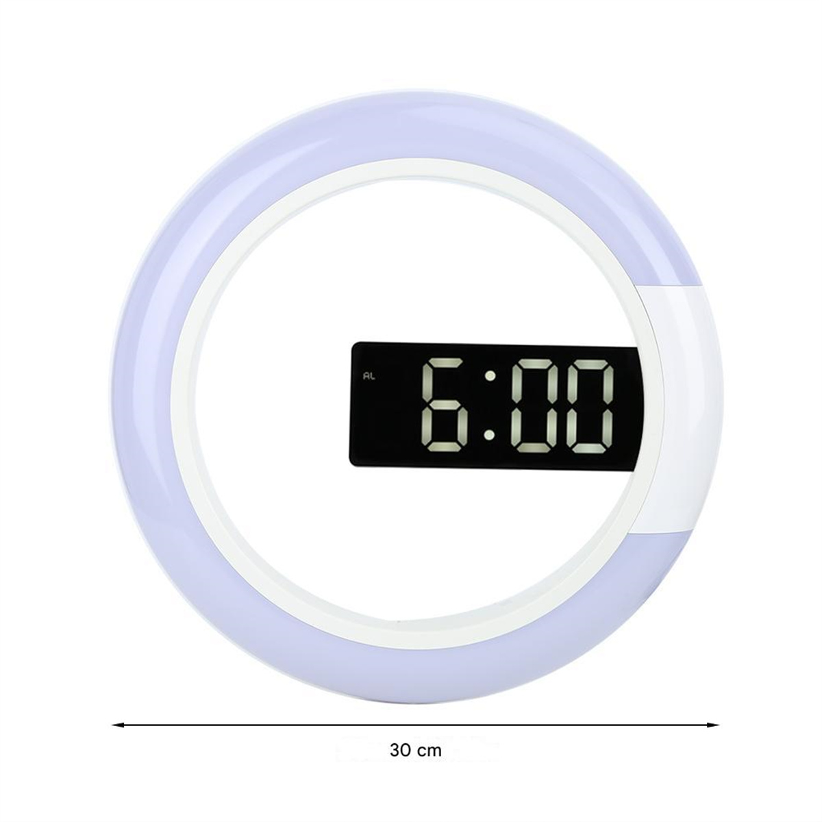 Eine runde, weiße LED-Uhr zeigt 6:00 an. Sie hat einen weißen Lichtring um das Zifferblatt. Die Größe beträgt 30 cm.