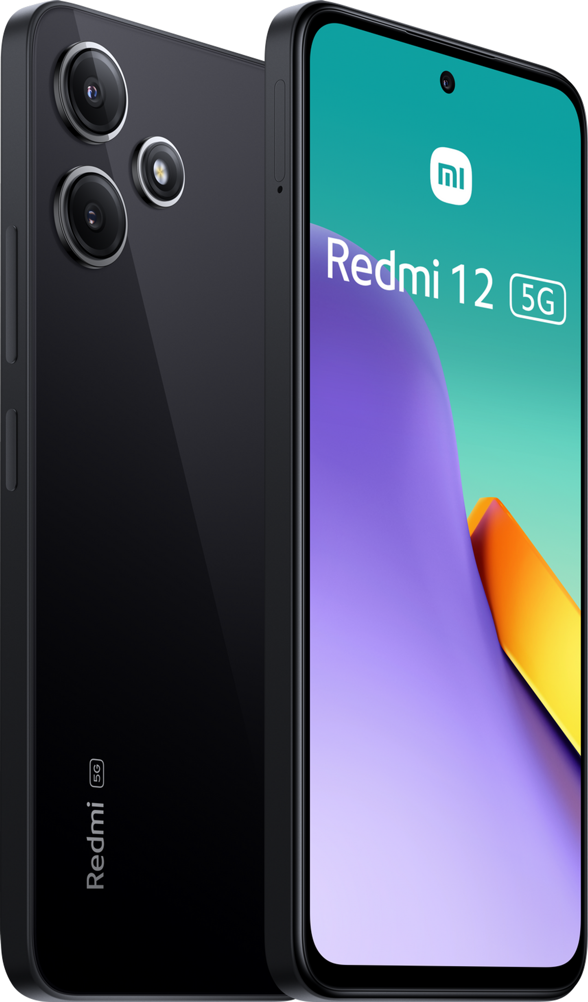 Teléfono Redmi 12 5G negro. Vistas frontal y trasera, con un fondo morado y amarillo.