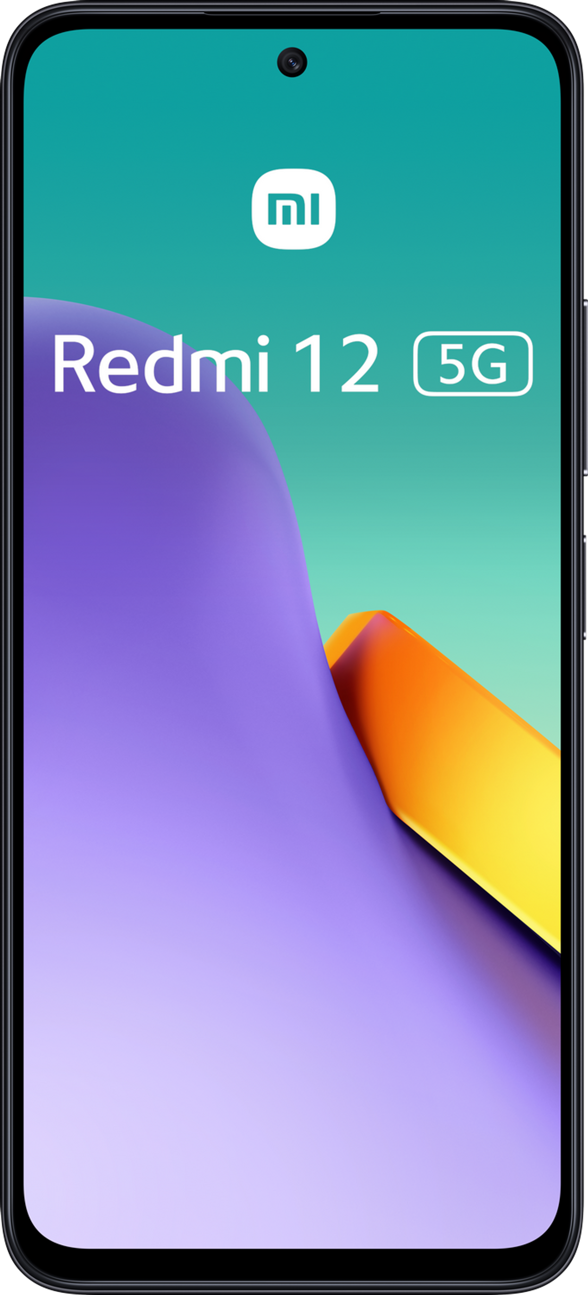 Smartphone Redmi 12 5G, fondo turquesa y morado. El teléfono está centrado.
