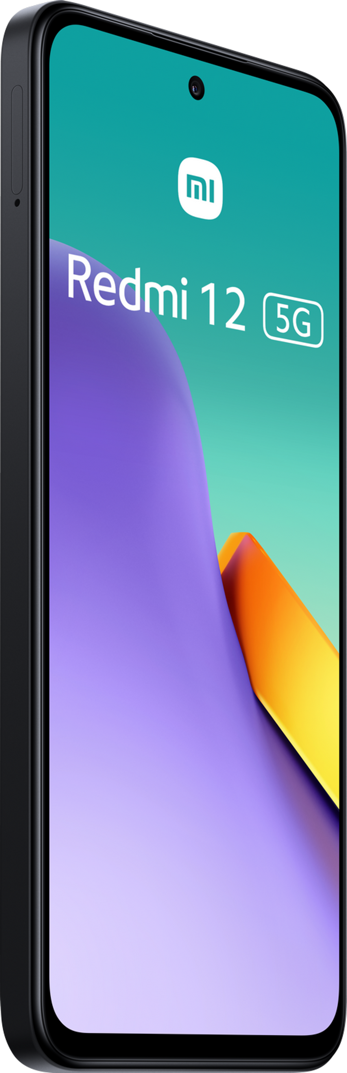 Un teléfono negro sobre un fondo colorido. El teléfono tiene el logotipo de Redmi 12 5G en la pantalla.