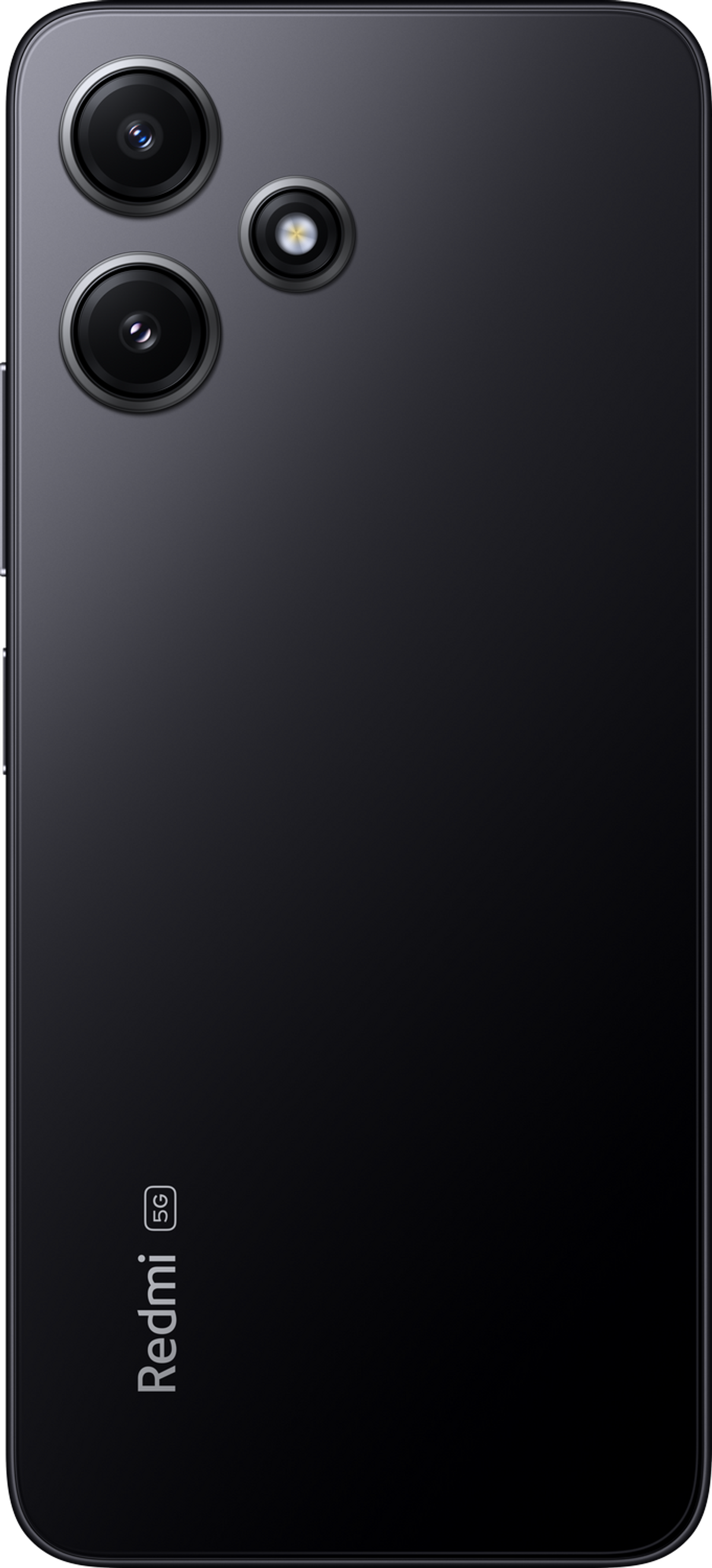 Parte trasera de un smartphone negro con tres cámaras, logotipo Redmi 5G y superficie oscura y lisa.