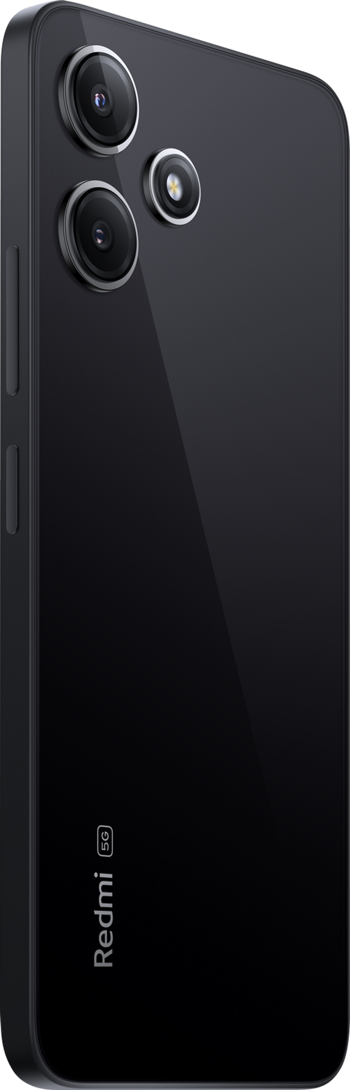 Un smartphone negro, mostrando su parte trasera con tres cámaras y el logotipo de Redmi.