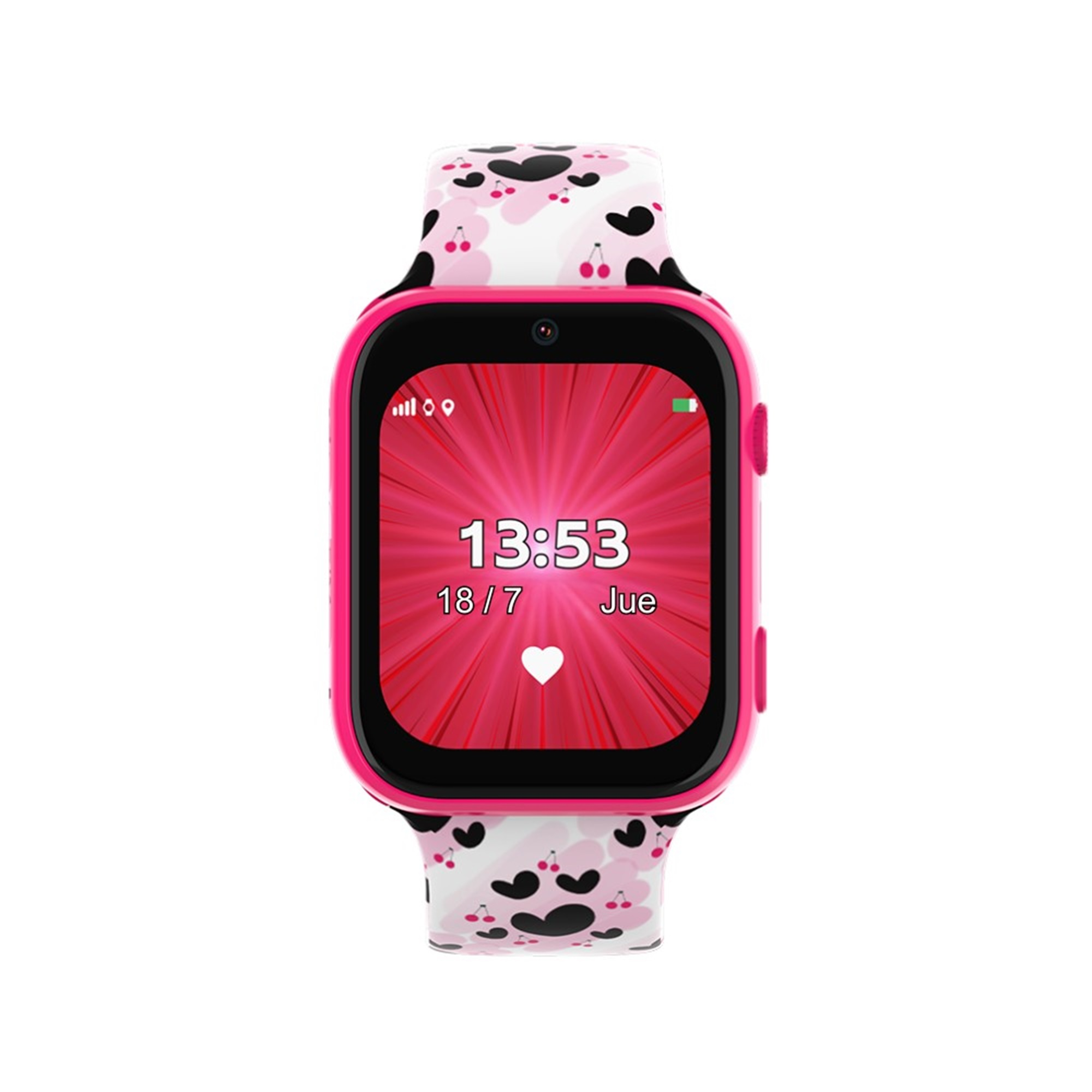 Un reloj inteligente con correa rosa y un diseño de corazón rojo en la pantalla.