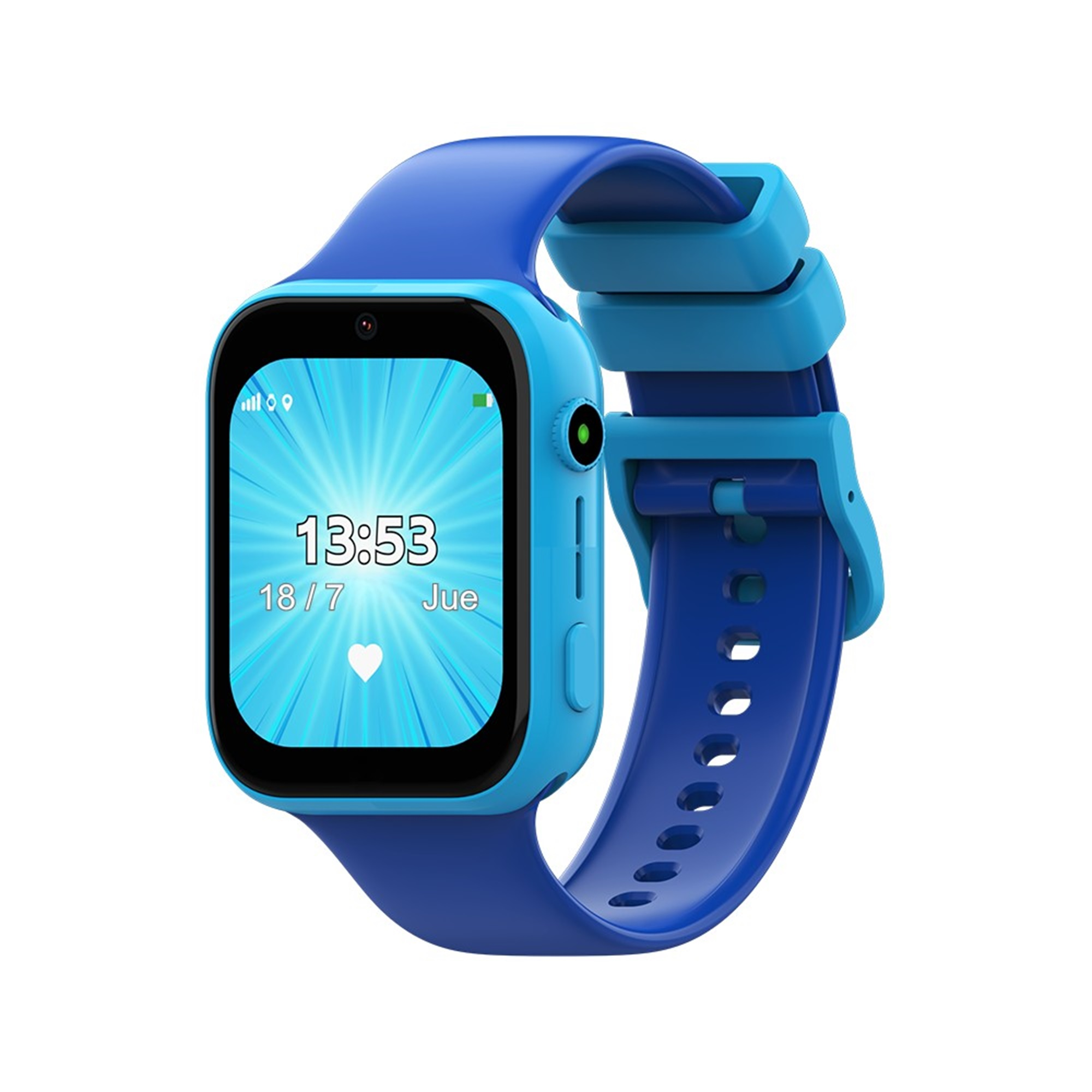 Smartwatch azul con pantalla táctil que muestra la hora y la fecha. Tiene una correa azul y un botón lateral.