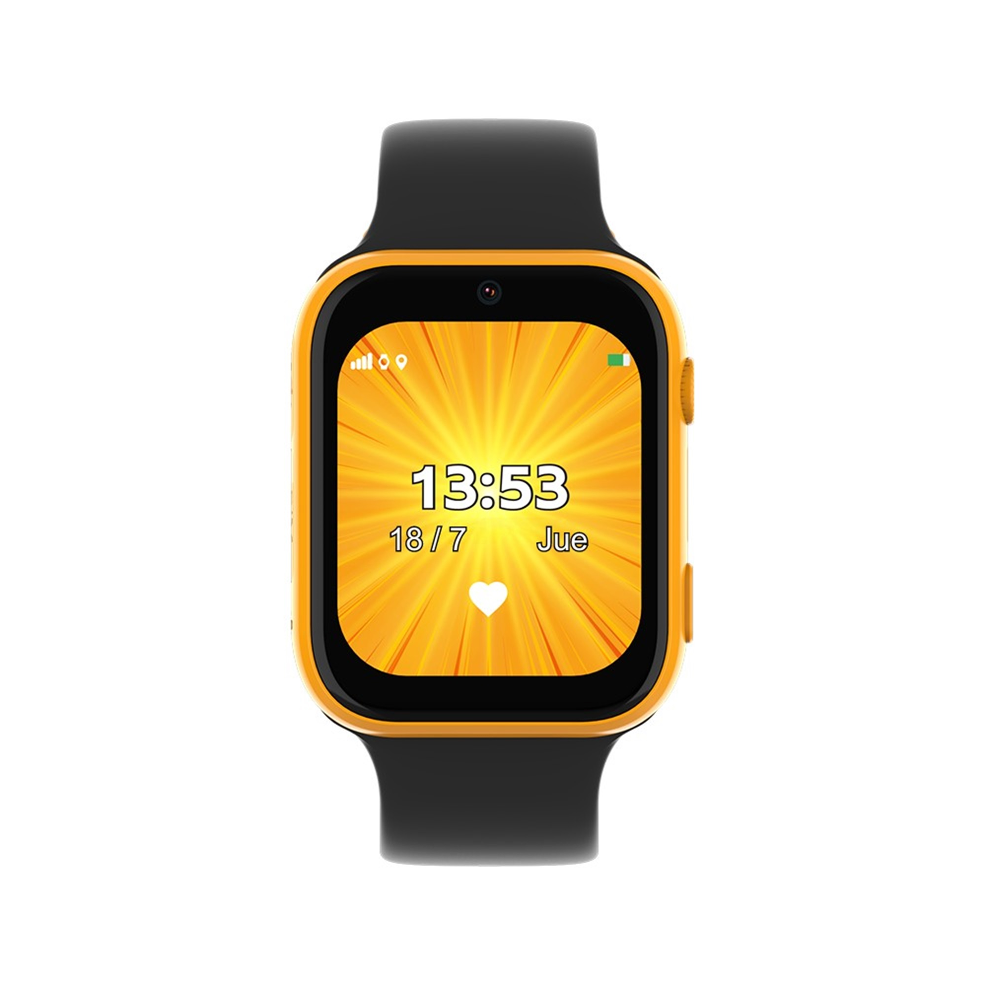 Un smartwatch amarillo con una correa negra, mostrando un reloj digital y calendario.