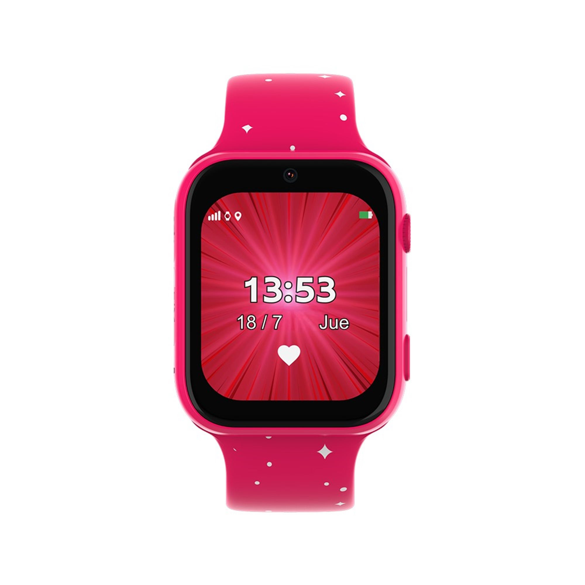 Un smartwatch rosa muestra la hora, fecha y un icono de corazón sobre fondo de pantalla rojo.