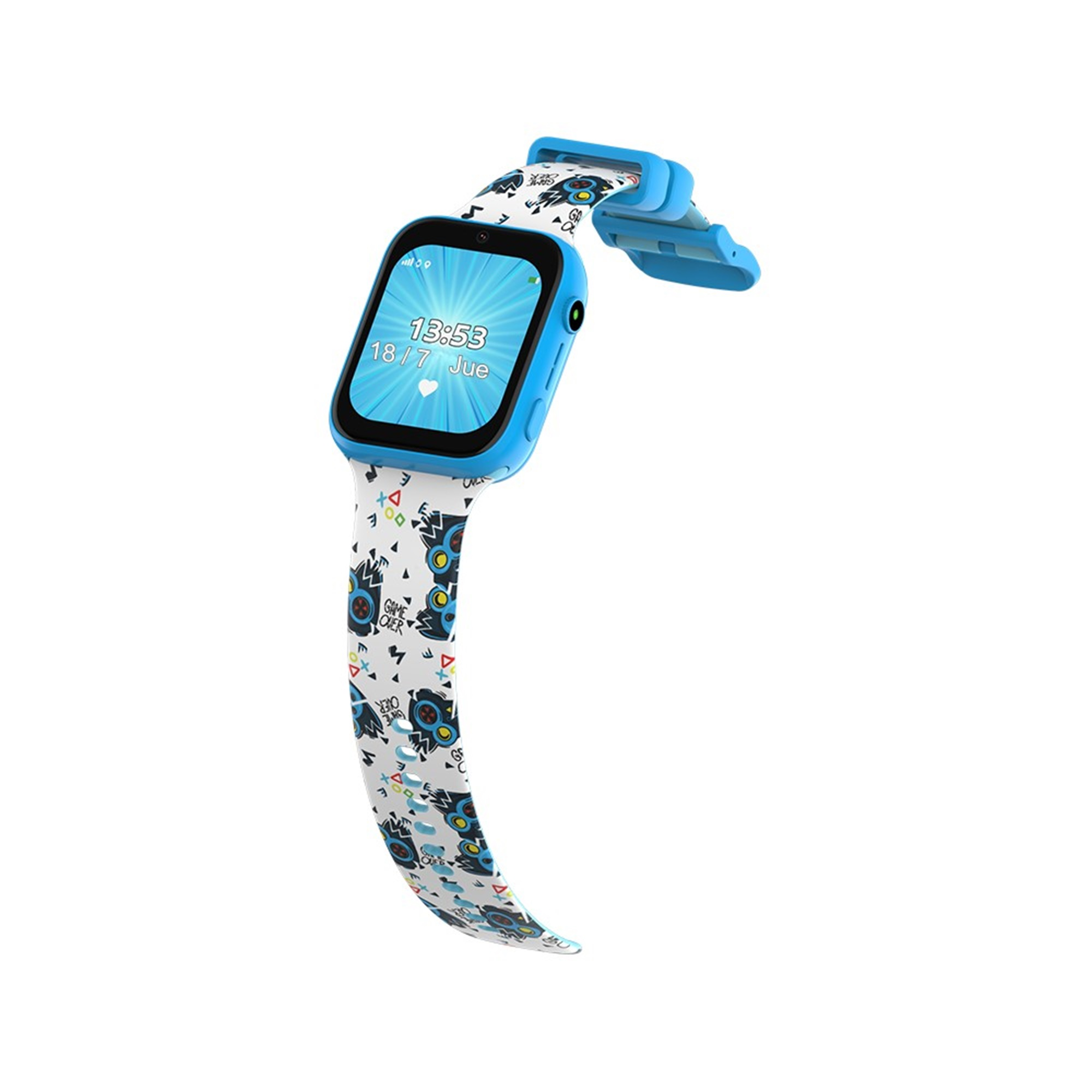 Un smartwatch azul con correa blanca con patrones de mandos de juego.