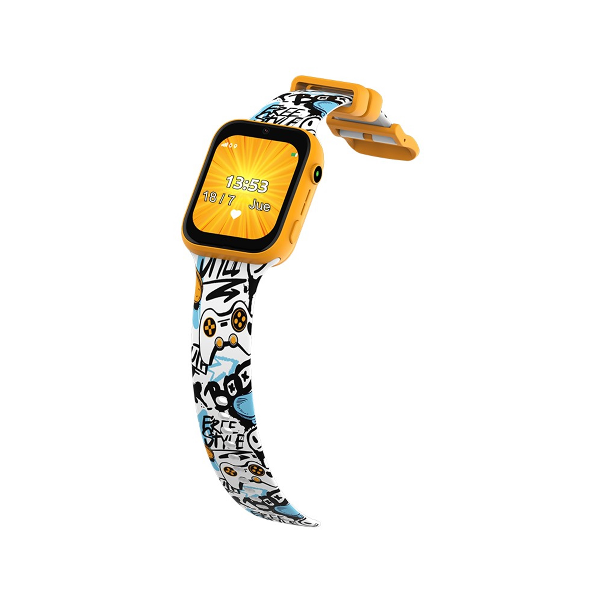 Smartwatch con caja naranja, pantalla amarilla y correa colorida con diseño de mando de juegos.
