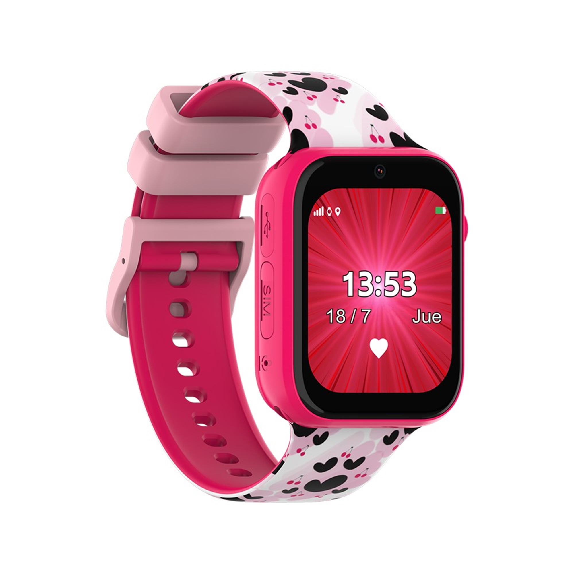 Smartwatch rosa con pantalla roja mostrando hora, icono de corazón y fecha, con correa floral.